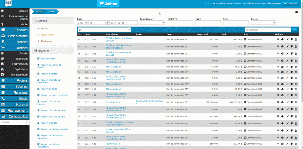 Rapport d’achats et de sous-traitants