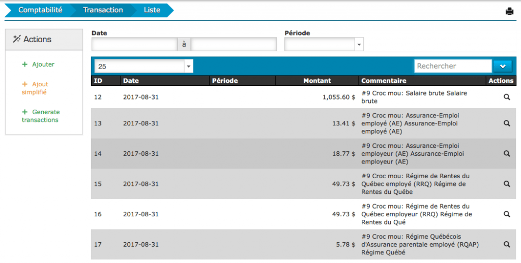 Liste des transactions